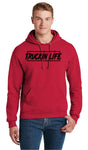 Truckin life hoodie - black on red