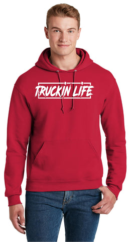 Truckin life hoodie - white on red